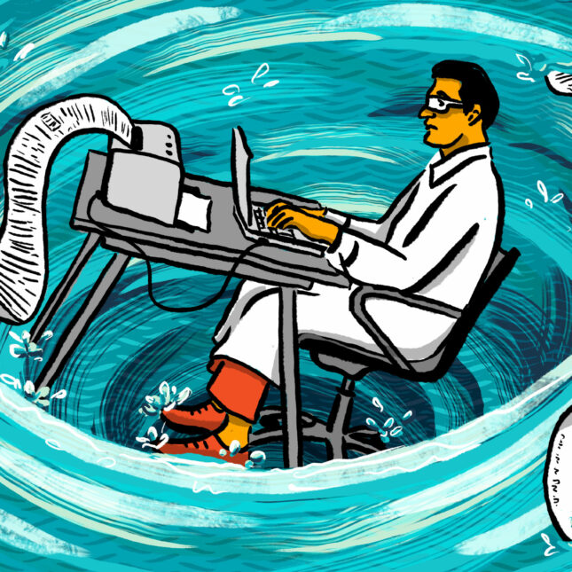 A man in a lab coat sits at a computer in front of a printer, surrounded by a whirlpool