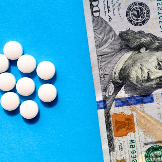 money and white pills against a blue background -- first opinion coverage from STAT