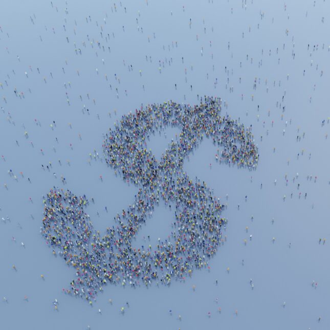 Crowd of people in the formation of a dollar sign -- health policy coverage from STAT
