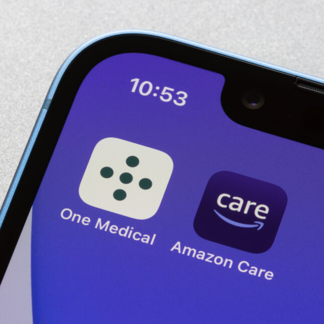 One Medical and Amazon Care apps displayed on a phone. -- health tech coverage from STAT.