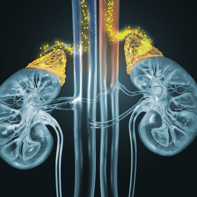 Illustration of blueish kidneys and yellow adrenal glands. -- biotech coverage from STAT