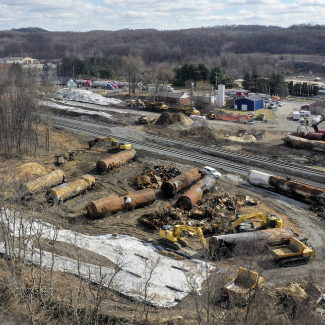 Excavators work around a rail in East Palestine, Ohio, three weeks after a train carrying toxic chemicals derailed