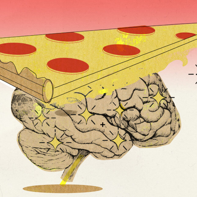 Illustration of a slice of pizza dropping cheese over a brain that is lit up with sparkles -- chronic disease coverage from STAT