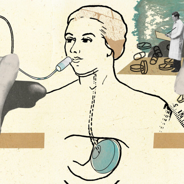 A collage illustration with a patient in the center with a hand to the left administering treatment and a doctor in the background. -- health tech coverage from STAT