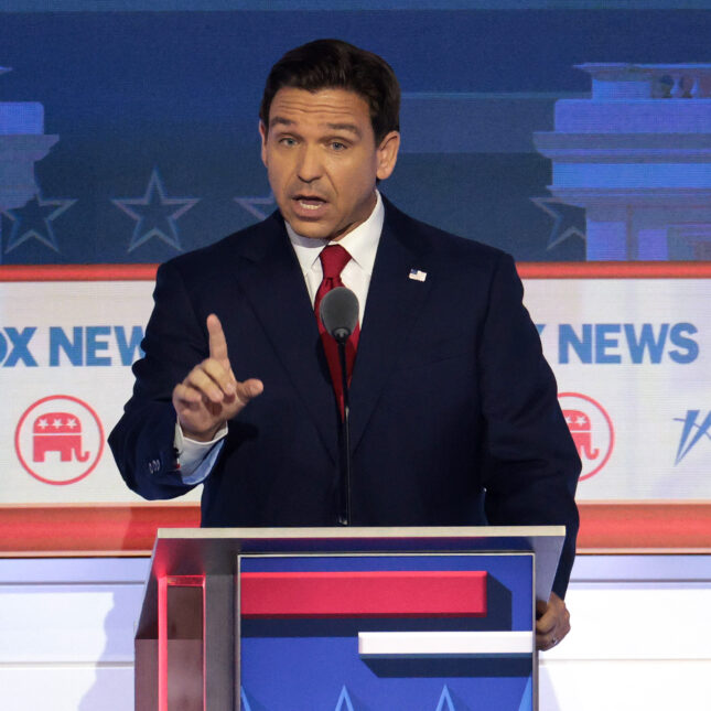Republican presidential candidate, Florida Gov. Ron DeSantis participates in the first debate of the GOP primary season. -- health coverage from STAT
