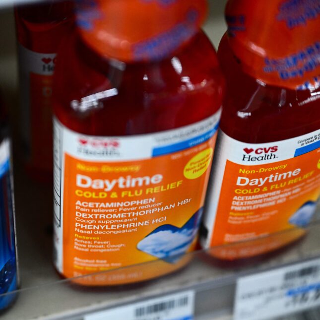 Bottles of CVS Health cold and flu medicine containing phenylephrine on display. -- first opinion coverage from STAT