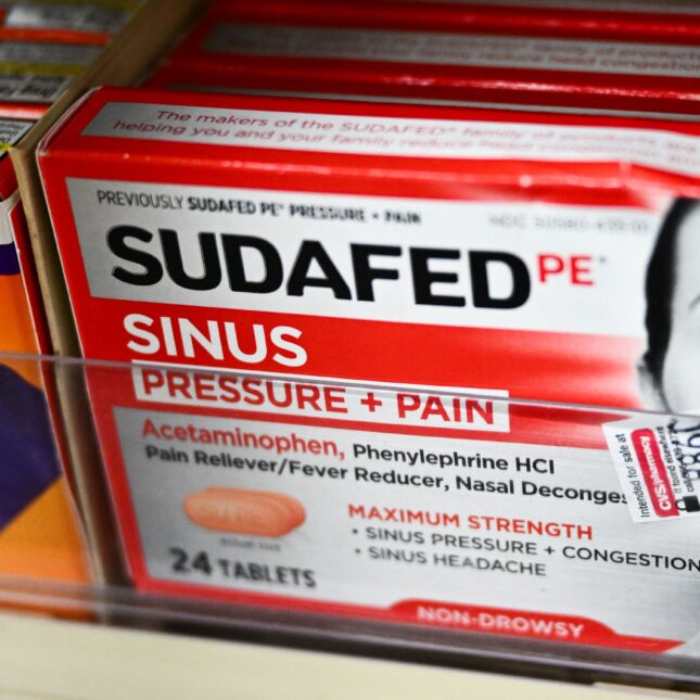 A box of Sudafed PE sinus pressure and pain medicine. -- health coverage from stat