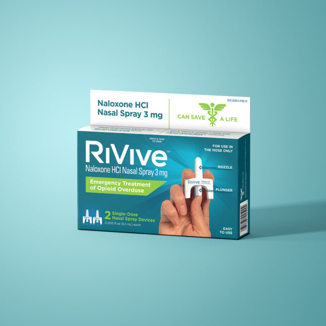 A photo of Harm Reduction Therapeutics's RiVive naloxone packaging – addiction coverage from STAT