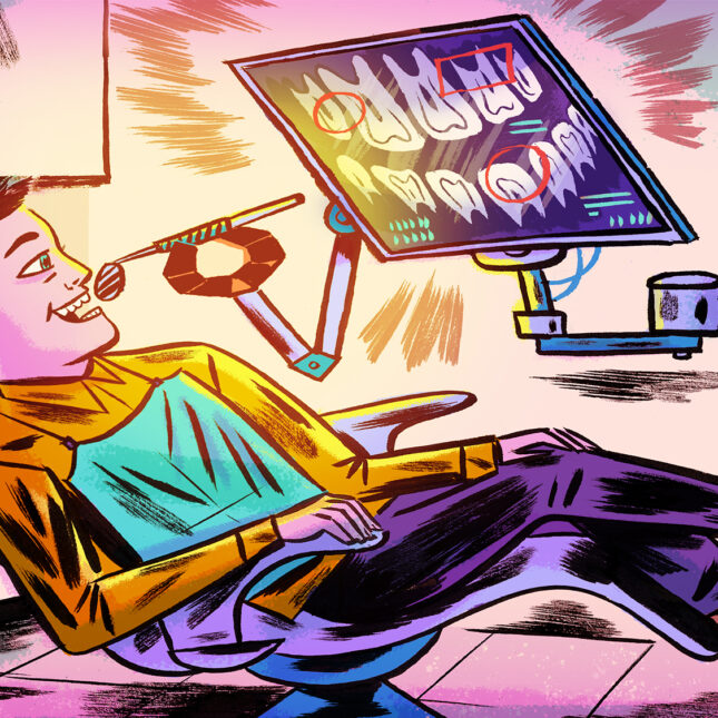 Illustration of a dental patient being worked on by a sentient computer – health tech coverage for STAT
