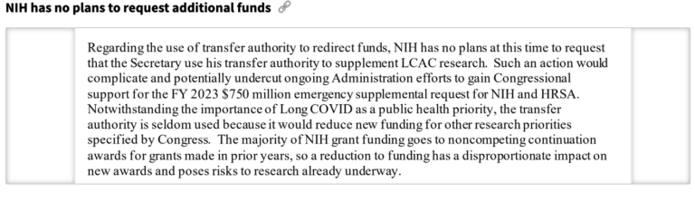 A screenshot showing NIH has no plans to request more money for long Covid research — from STAT