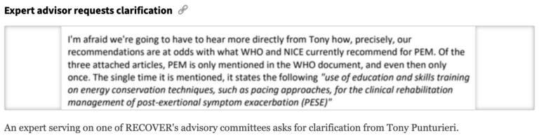 A screenshot in which an expert adviser asks for clarification about the exercise trial — long Covid coverage from STAT