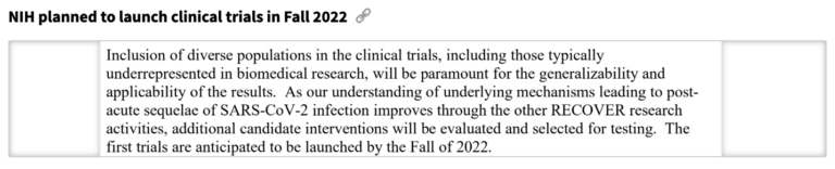 A screenshot shows the NIH planned to launch trials in Fall 2022 — long Covid coverage from STAT